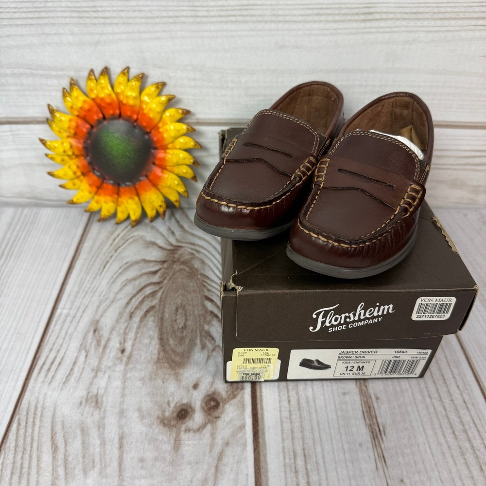 Florsheim Kids Jasper Driver Loafers‎ Brown Leather Dress Shoes Size 12M